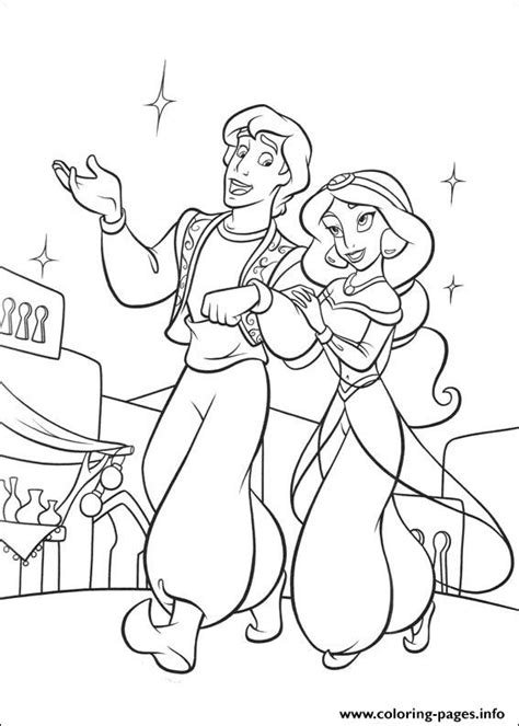 This coloring page shows aladdin and jasmine meeting in the marketplace for the very first time. Aladdin And Jasmine Walking Down Town Disney Coloring ...