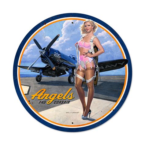 Vector illustration with portrait of a pin up girl. F4U Corsair Airplane Angels Pinup Metal Sign Large Round ...