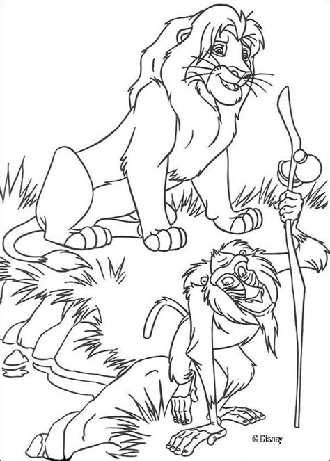 These coloring pages feature simba in various settings with different character from the movie like timon, pumba, nala, zazu and mufasa. Simba with rafiki coloring pages - Hellokids.com