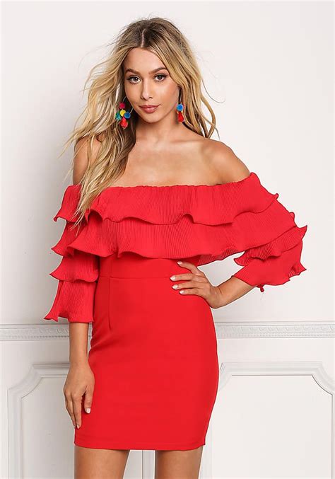 Striped ruffle off the shoulder dresses for women. Red Ruffle Layered Off Shoulder Bodycon Dress - New | Red ...