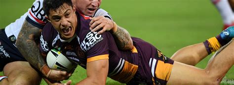 Kotoni staggs huge fend on josh mansour. Kotoni Staggs is Brisbane's version of Tyrone Peachey - NRL