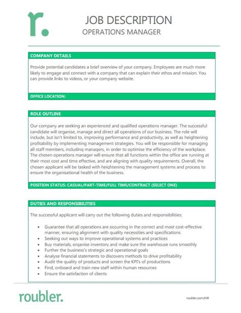 His/her job description involves managing his/her bank's operations team to deliver effective financial services to clients. Operations Manager Job Description Template - Roubler ...