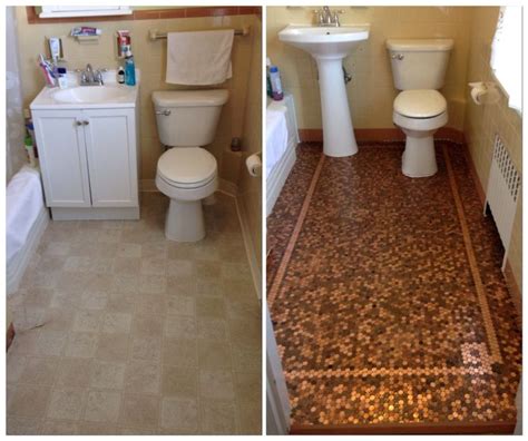 This white polished or high gloss finish tile will make a great impact in small areas like the bathroom, den, or other overlooked spaces. Penny tile floor mosaic before and after. | Penny tile ...