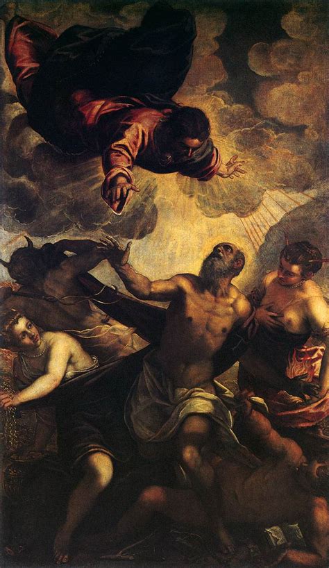 A human skull lies by his right foot. The Temptation of St Anthony by TINTORETTO
