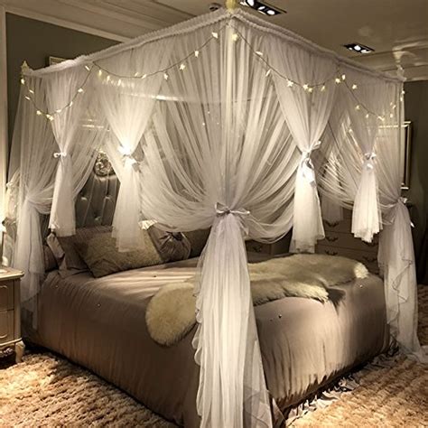 Cal king, king, and queen dimensions are provided. Joyreap 4 Corners Post Canopy Bed Curtain for Girls ...