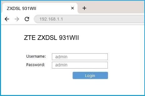 The majority of zte routers have a default username of admin, a default password of admin, and the default ip address of 192.168.1. 192.168.1.1 - ZTE ZXDSL 931WII Router login and password