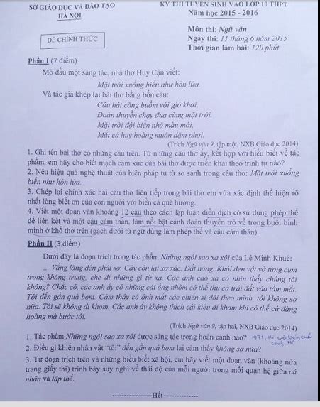 .bao gồm các đề thi vào 10 môn toán chính thức từ các năm học trước, đề thi thử môn toán ôn thi lớp 10 sẽ giúp các em học sinh thử sức trước để đánh giá năng lực bản thân, nắm được các dạng bài thường xuất hiện trong đề thi vào lớp. Đề thi tuyển sinh lớp 10 môn Văn tại Hà Nội