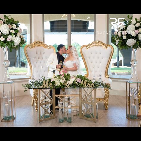 Chiavari chairs are ideal for weddings, whether lavish or simplistic, due to their beautiful frame design. Rentals and Floral Pieces Gold and White Throne Chairs ...