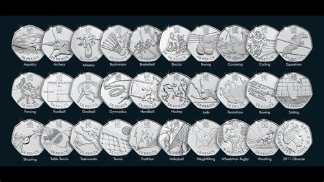 There are 29 olympic 50p designs, the four rarest are football, wrestling, judo and triathlon. All the Olympic 50p coins...in 30 seconds - YouTube