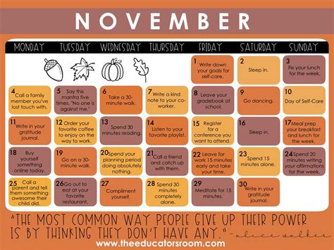 Self care challenge for teachers. Teacher Self-Care Calendar- November 2019 | Care calendar ...