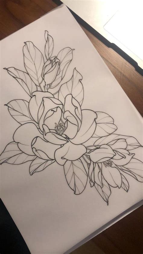 Hand drawn outline ink drawing. @paingardens | #blackwork #magnolia #tattoo | Magnolia ...