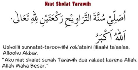 Solat sunat tarawih (juga dieja sebagai terawih) ialah satu jenis solat sunat yang dikerjakan semasa bulan ramadan. Niat Sholat Tarawih dan Witir Ramadhan - Ilmusiana