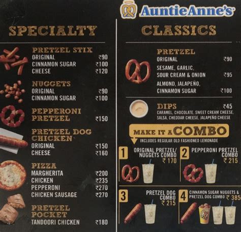 Under the savoury pretzels include original pretzel, jalapeno pretzel, sesame pretzel, garlic pretzel, and the original pretzel stix. Menu of Auntie Anne's | Auntie Anne's Menu, Phoenix Market ...