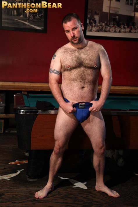 Pissing on a pool table. Hairy bear Mark Bishop removes his panties and jerks off ...