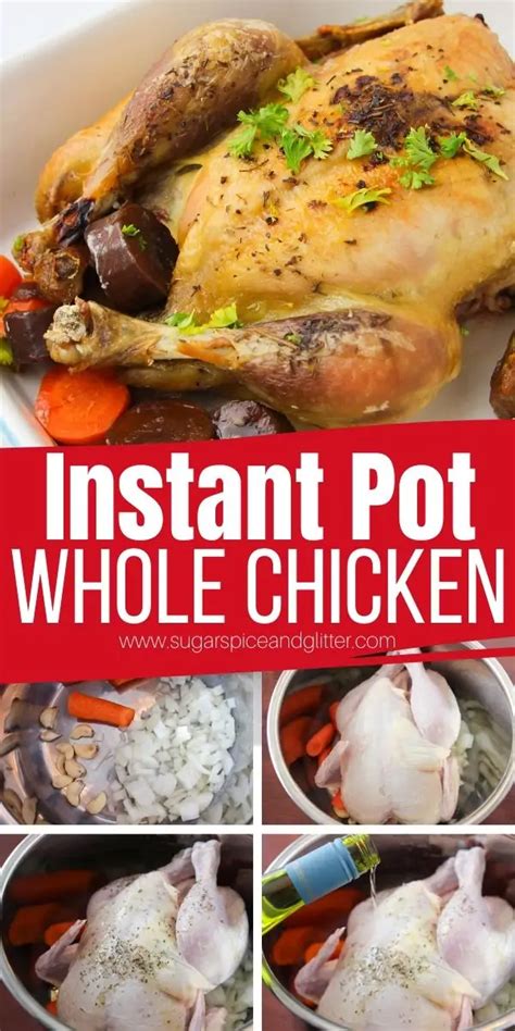 The chicken is done cooking when the juices run clear, the chicken is no longer pink, and the drumsticks move easily in their sockets. How to cook a whole chicken in the Instant Pot: a step-by ...