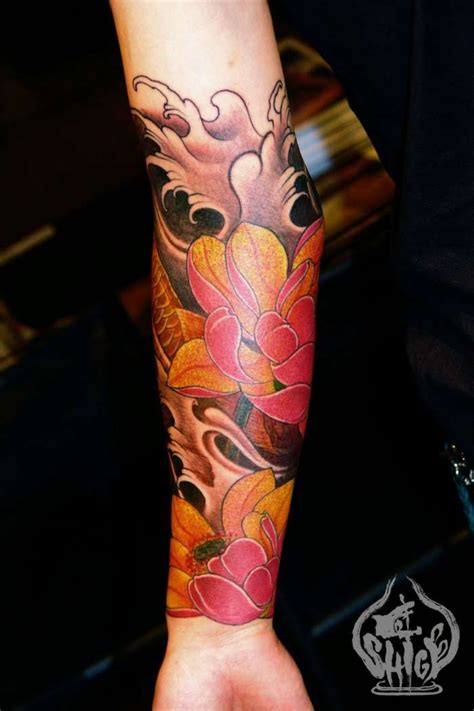 1995 shige started to teach himself tattoos while working as a mechanical engineer for harley davidson motor cycles in yokohama. Shige Sleeves - Yellowblaze | Inspirational tattoos, Koi ...