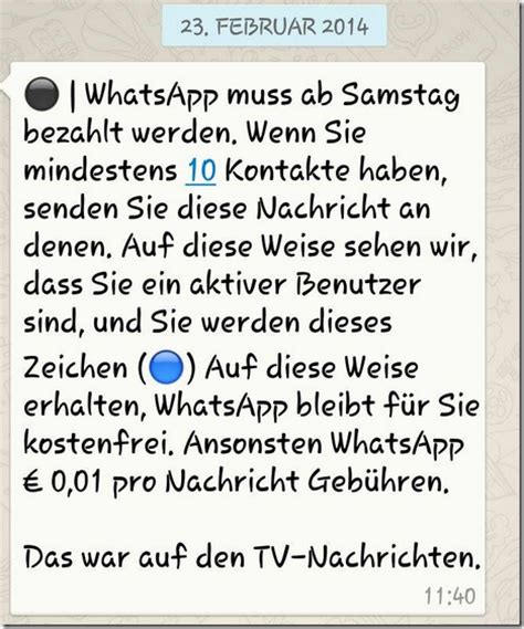 Darin heißt es, whatsapp habe heimlich die datenschutzeinstellungen für gruppen geändert, nun drohe spam. WhatsApp muss ab Samstag bezahlt werden. (Kettenbrief)