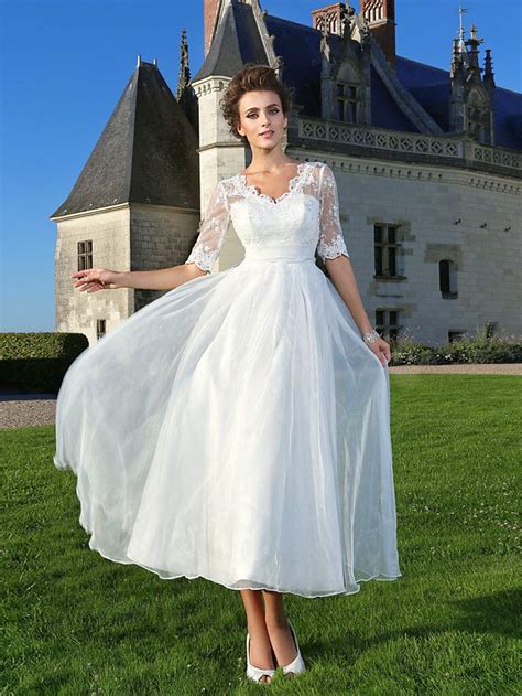 Tea length wedding dresses for simple elegance. $142.49 A-Line Wedding Dresses V Neck Ankle Length ...