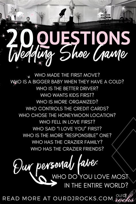 The shoe game is a fun and cute little game where the bridal couple has to sit back to back on chairs in the middle of the reception, take off their shoes and give one of their shoes to their partner sitting behind the questions are usually as follow. Pin on Wedding + Music Planning