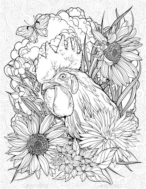 See more ideas about coloring pages, sunflower coloring pages, adult coloring pages. Coloring Page with Rooster and Butterfly | Sunflower ...