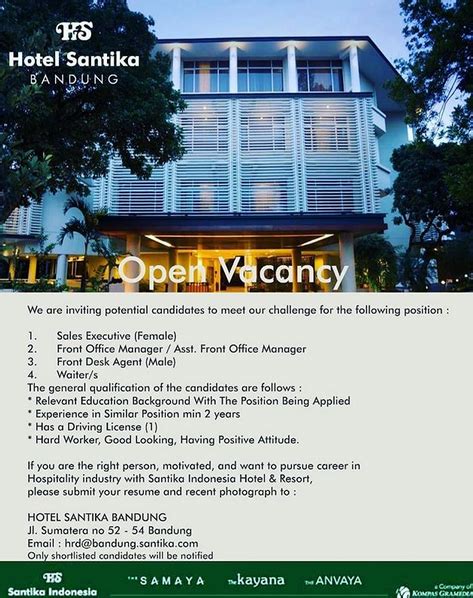 Jika anda asli orang bandung pastinya sudah tahu betul daerah tersebut. Lowongan Kerja Hotel Santika Bandung 2020 Via Email HRD ...