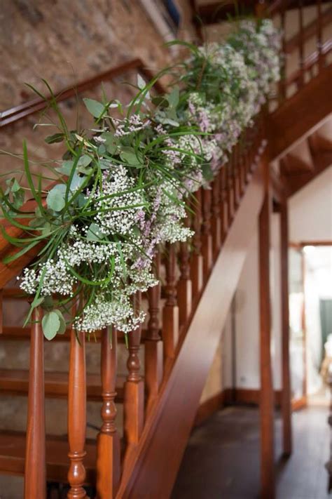 Gbtroo rustic mason jar sconces for home decor 6 hours timer decorative flower wall decor with led strip lights, silk hydrangea, and wrought iron hooks for house decoration (set of 2), brown. Barossa valley wedding. Staircase garland. Flowers by Sarah Craker. Image Mel Fullgrabe ...