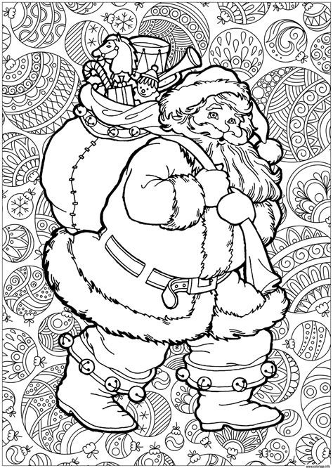 Devant la cheminée, en train de déposer les cadeaux au pied du sapin, chez lui, . Coloriage Adulte Pere Noel Avec Fond De Boules De Noel dessin