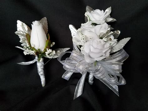 Each stem has 2 leaves. Sparkling White Silver corsage boutonniere 25th wedding ...