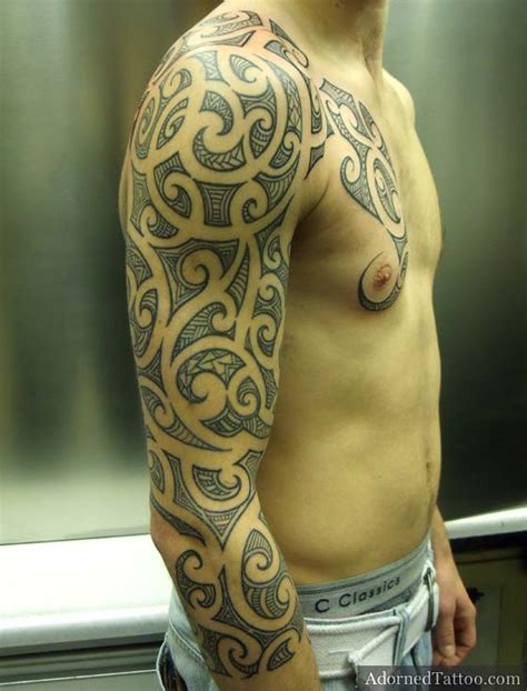 Aside of the fact that the maori tribal design aesthetically looks very unique and has a huge artistic value, the maori design has also a big symbolic value. Maori-Style Sleeve And Chest Tribal Tattoo | Adorned Tattoo