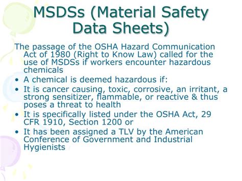 It is an important component of product stewardship and workplace safety , it is intended to provide workers and emergency personnel with procedures for handling or. PPT - MSDSs (Material Safety Data Sheets) PowerPoint ...