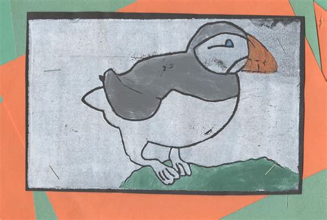 Puffin Print done with white ink on black paper. Color is ...