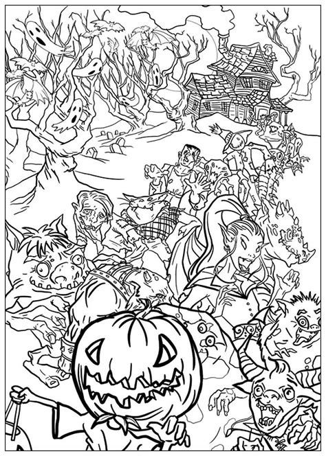 Download and print out this monsters coloring page. Halloween monsters - Halloween Adult Coloring Pages