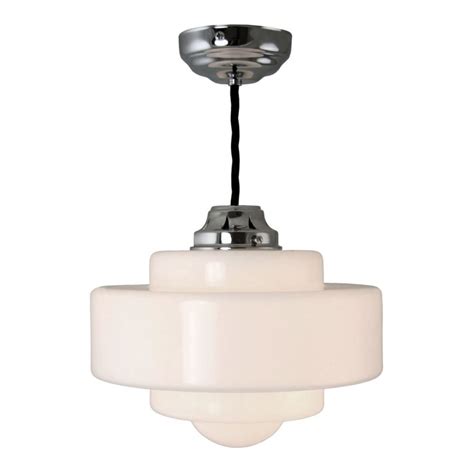 Including all the hanging accessories. Art Deco Chrome Ceiling Pendant with Stepped Opal Glass Shade