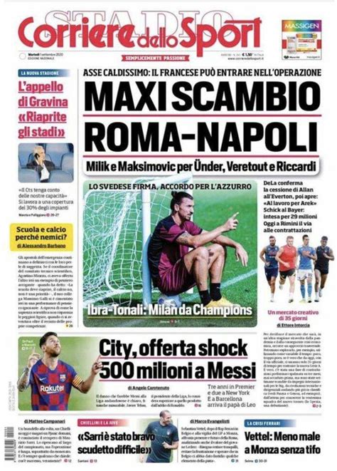Un fondo arabo vuol mettere le mani sulla roma?. Corriere dello Sport, prima pagina 1 settembre 2020