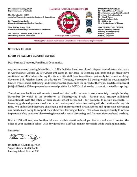 Letter closing examples municipality service delivery. Lansing School District 158