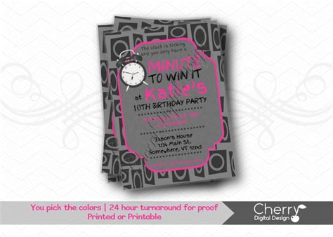 Minute to win it party. Minute to Win It PRINTABLE or PRINTED Digital Birthday InvitationS. Hot Pink Black Gray Girl's ...