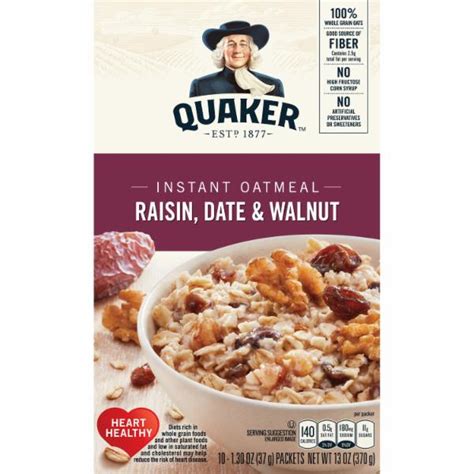 See nutrition facts for total fat per serving. Quaker, Raisin, Date & Walnut, Instant Oatmeal - SmartLabel™