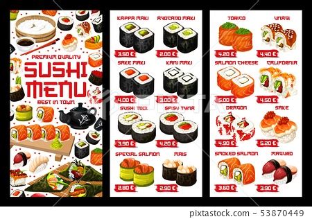 4 sashimi zalm, 4 futomaki zalm avocado komkommer, 10 dragon eyes, 8 hot roll met krab, spicy zalmmousse en topping van philadelphia en mango, 8 california roll. Asian sushi food, Japanese rolls price menu - 스톡일러스트 53870449 - PIXTA