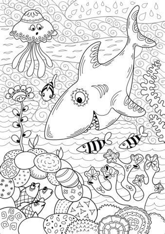 Coral reef fish color page. Shark Hunting in Coral Reef coloring page | Free Printable ...